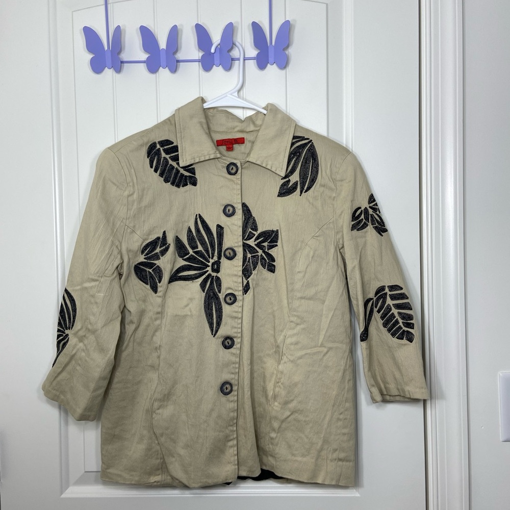 Vintage Joni B women’s tan black embroidered‎ leaf floral button collared jacket